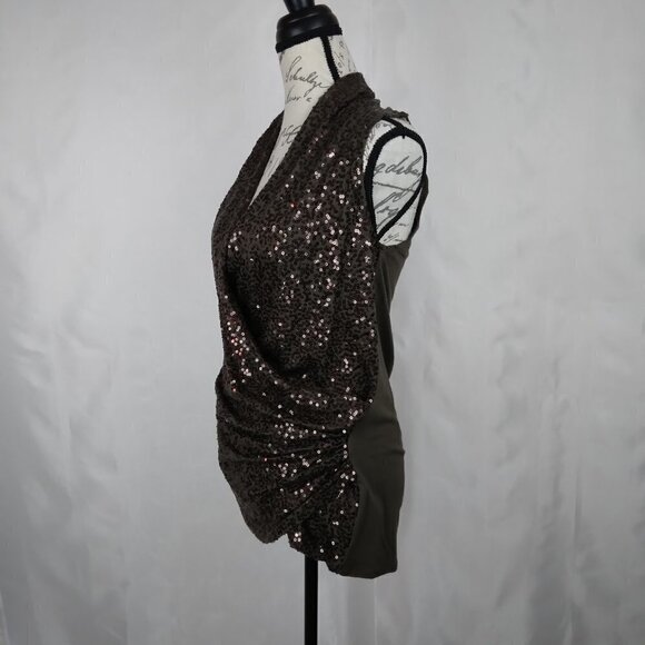 Karen Kane | Brown Sequin Wrap Front Sleeveless Knit Stretch Top | Size M - Picture 3 of 7